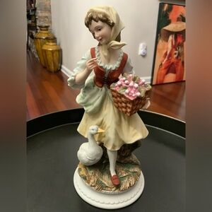 Vintage Lefton Porcelain Hand painted Figurine Girl with Basket and Goose